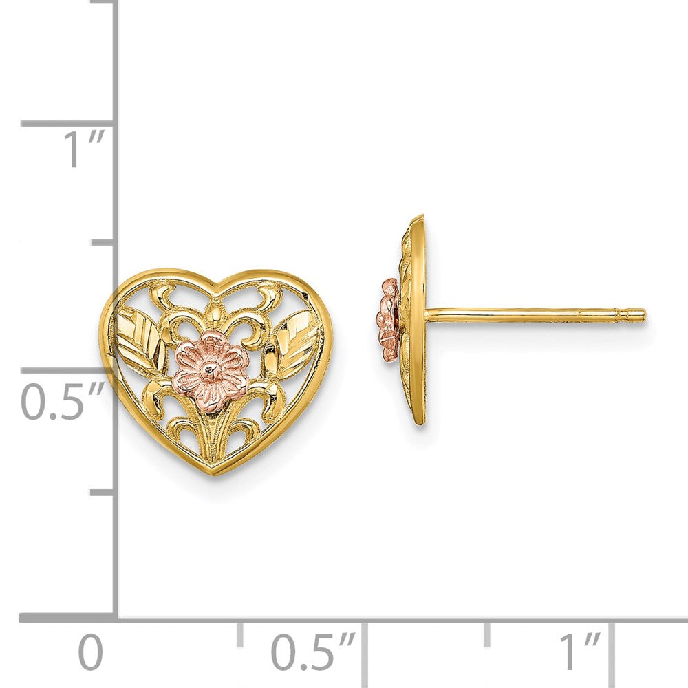 14K Bicolor Poliert Blumen in Herz Ohrstecker