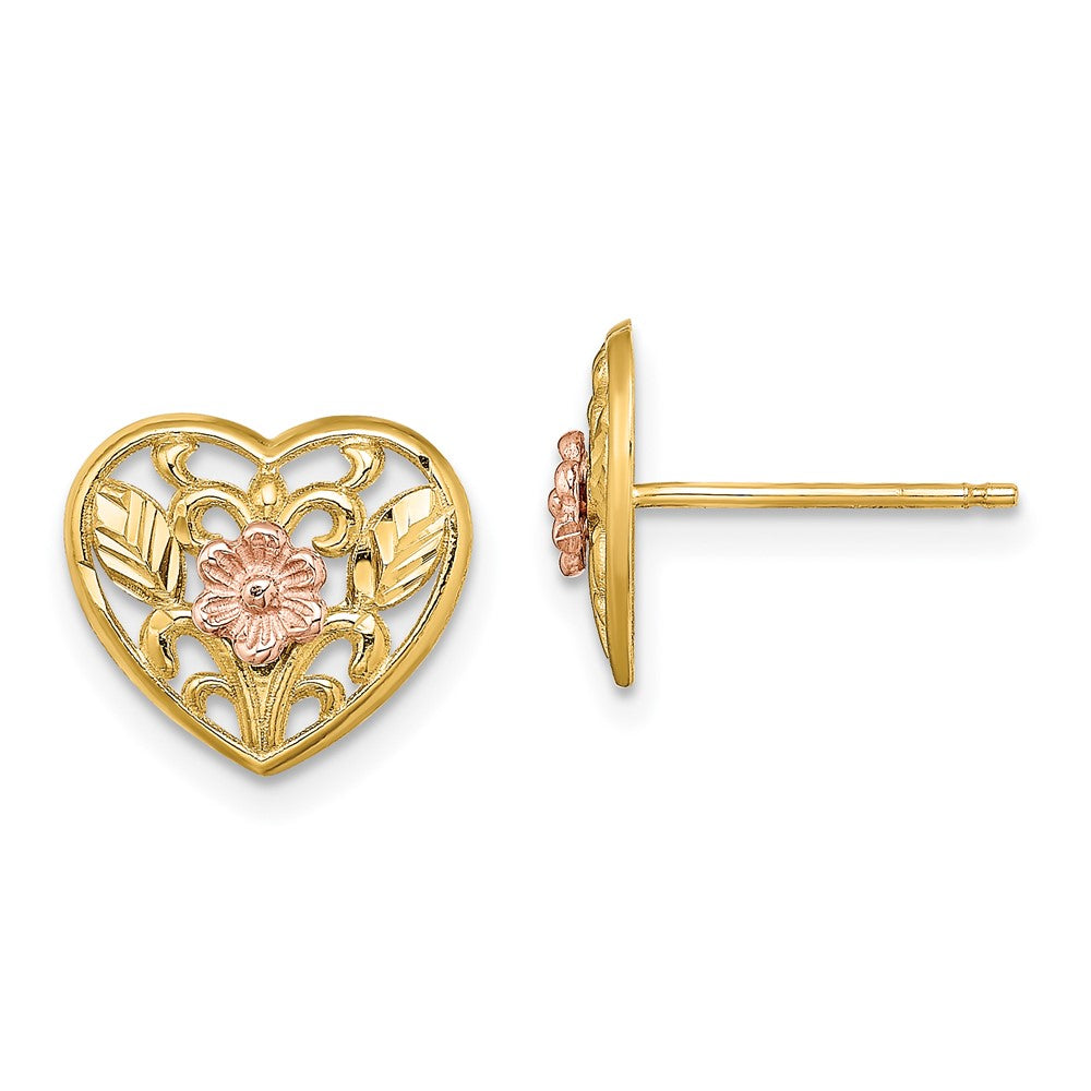 14K Bicolor Poliert Blumen in Herz Ohrstecker