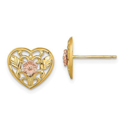 14K Bicolor Poliert Blumen in Herz Ohrstecker