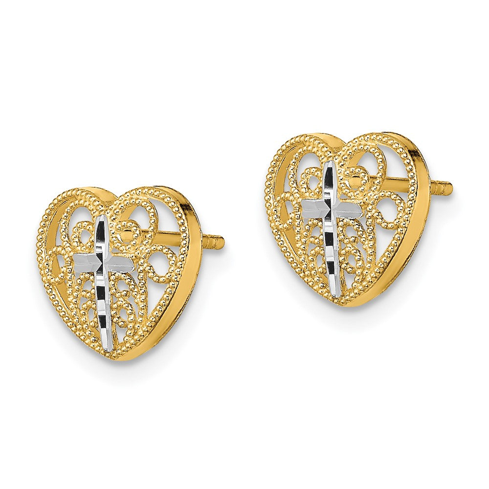 14K Gelb & Rhodium mit Rhodium Filigran Kreuz Mittig Herz Ohrstecker