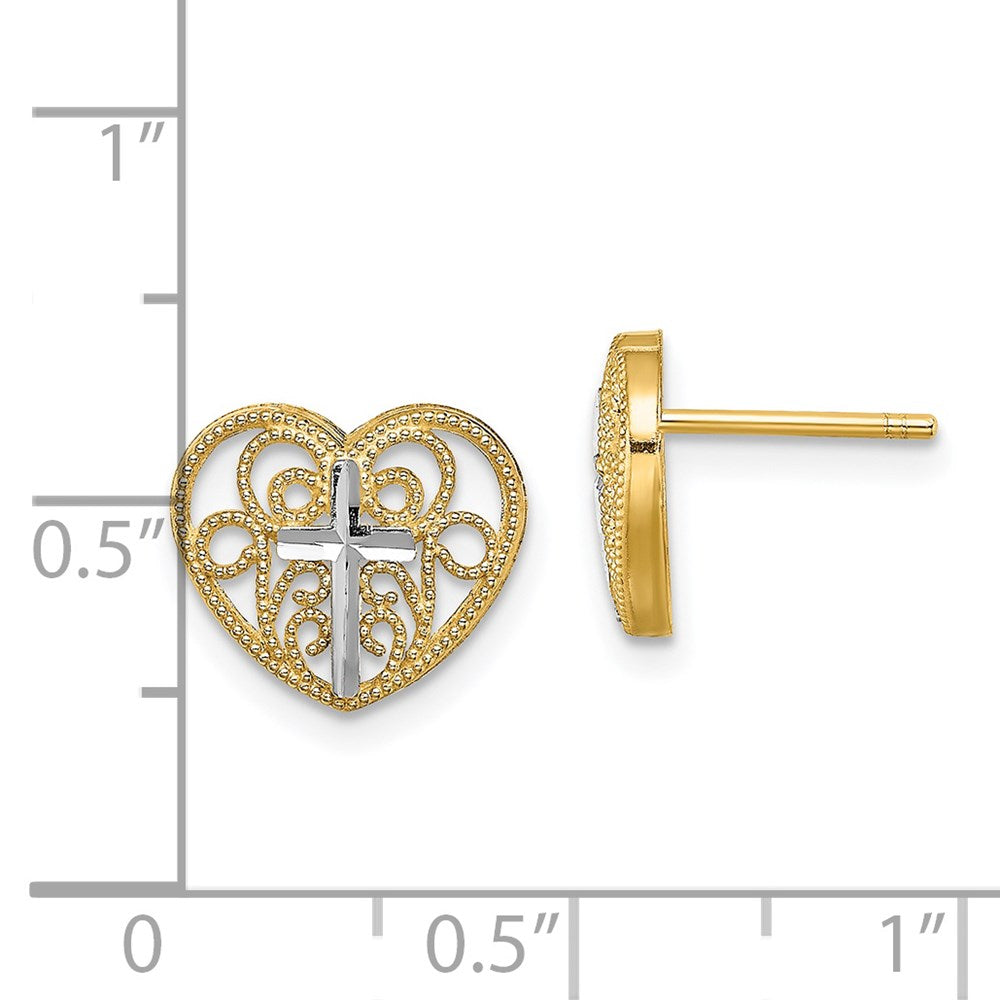 14K Gelb & Rhodium mit Rhodium Filigran Kreuz Mittig Herz Ohrstecker