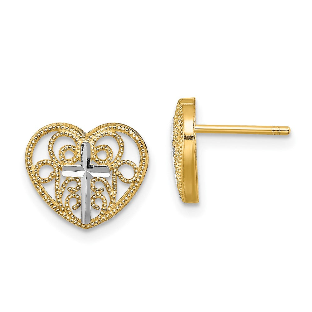 14K Gelb & Rhodium mit Rhodium Filigran Kreuz Mittig Herz Ohrstecker