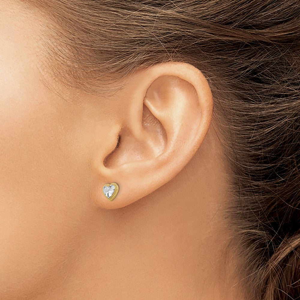 14K Gelb & Rhodium mit Diamantiert Herz Ohrstecker