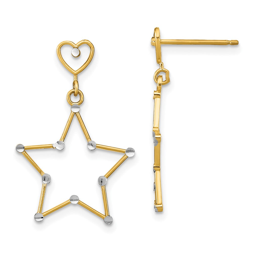 14K Gelb & Rhodium mit Rhodiniert Diamantiert Herz und Stern Stecker Ohrhänger