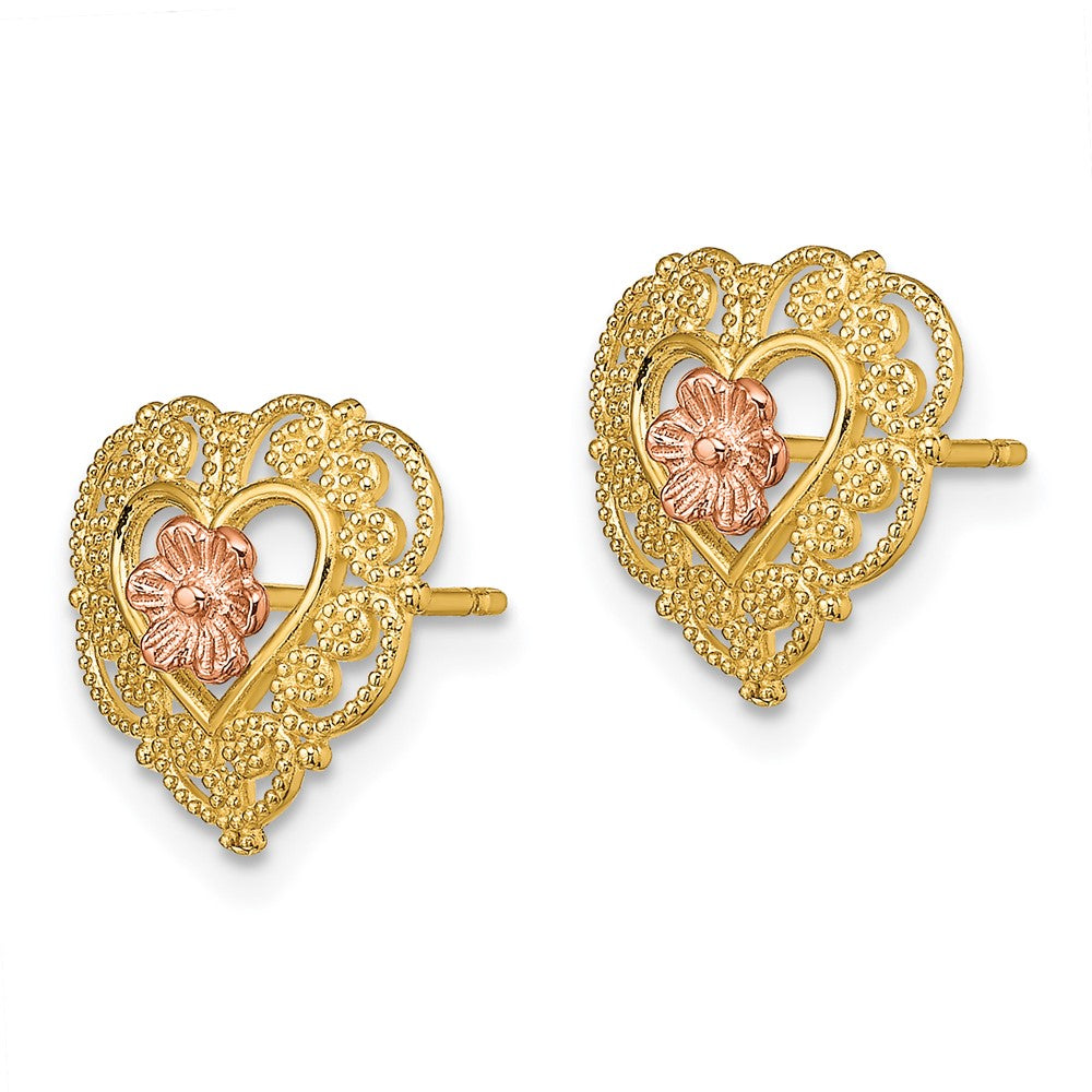 14K Bicolor mit Lace Zierde und Blume Herz Ohrstecker