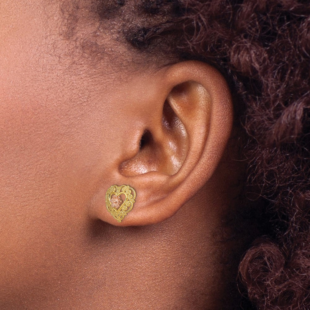 14K Bicolor mit Lace Zierde und Blume Herz Ohrstecker