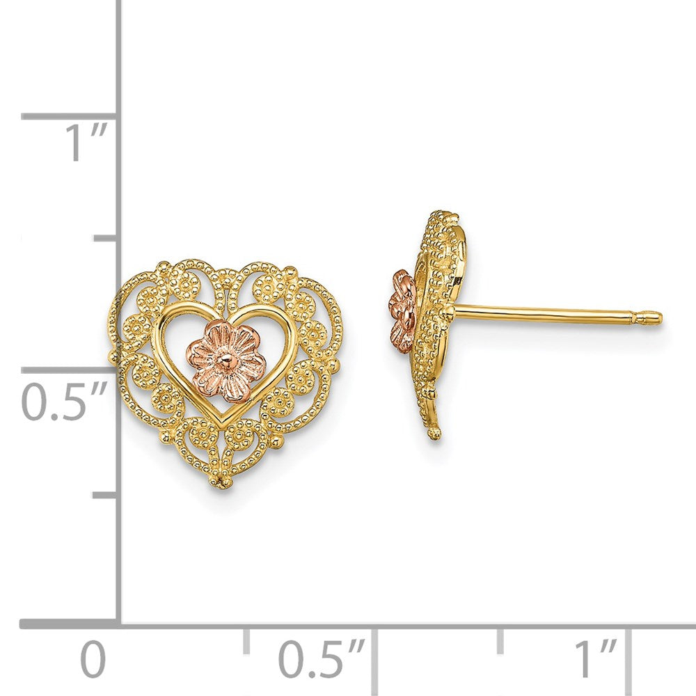 14K Bicolor mit Lace Zierde und Blume Herz Ohrstecker