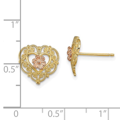 14K Bicolor mit Lace Zierde und Blume Herz Ohrstecker