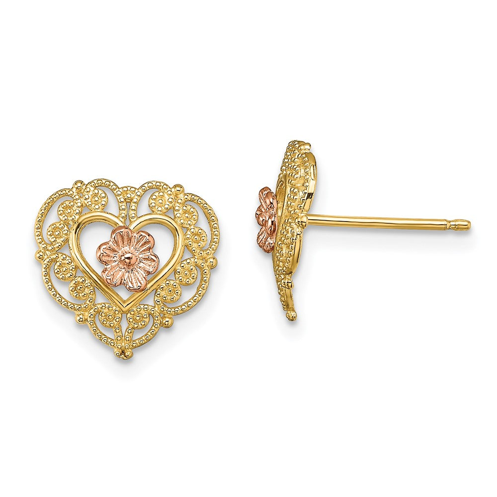14K Bicolor mit Lace Zierde und Blume Herz Ohrstecker