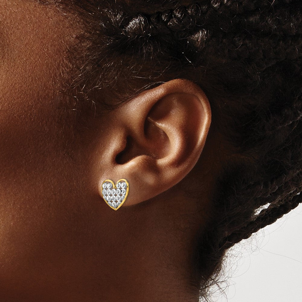14K Gelb & Rhodium mit Diamantiert Herz Ohrstecker