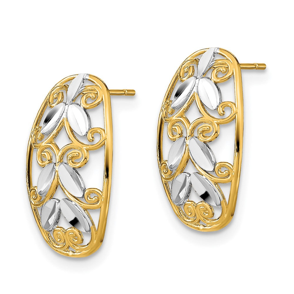 14K Gelb & Rhodium mit Rhodium Oval Diamantiert Filigran Stecker Ohrhänger