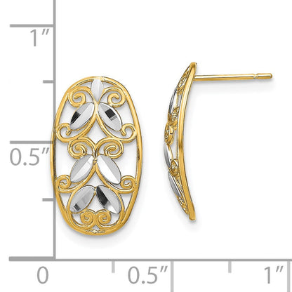 14K Gelb & Rhodium mit Rhodium Oval Diamantiert Filigran Stecker Ohrhänger