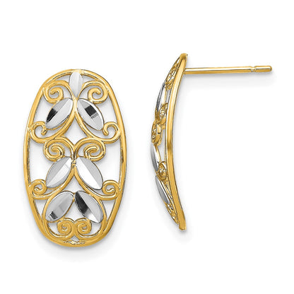 14K Gelb & Rhodium mit Rhodium Oval Diamantiert Filigran Stecker Ohrhänger