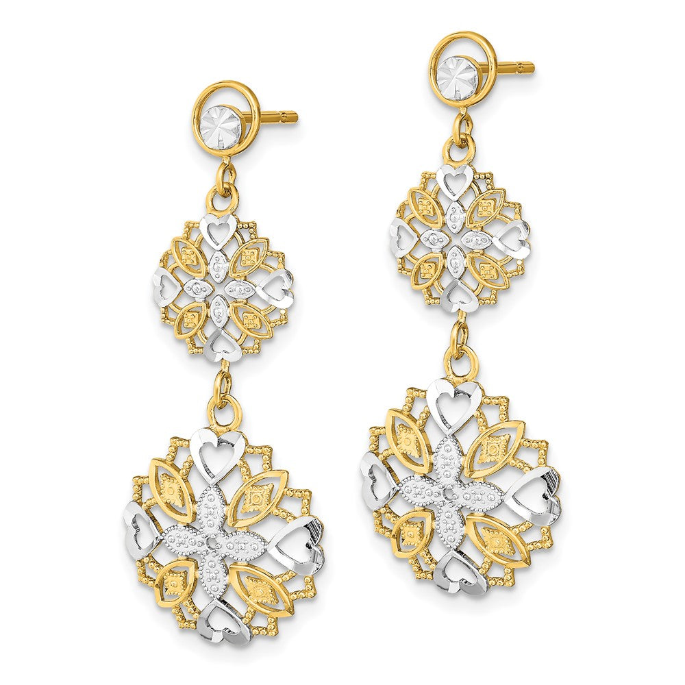 14K Gelb & Rhodium mit Diamantiert Blume Herz Ohrhänger