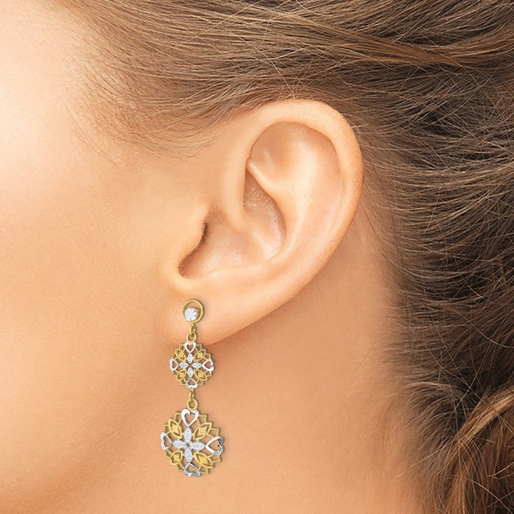 14K Gelb & Rhodium mit Diamantiert Blume Herz Ohrhänger