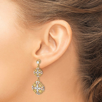 14K Gelb & Rhodium mit Diamantiert Blume Herz Ohrhänger