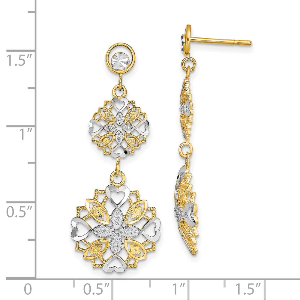 14K Gelb & Rhodium mit Diamantiert Blume Herz Ohrhänger