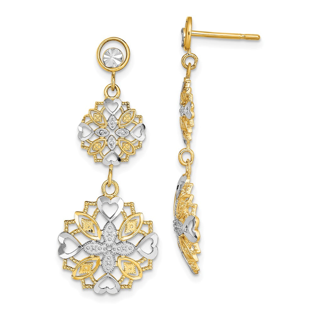 14K Gelb & Rhodium mit Diamantiert Blume Herz Ohrhänger