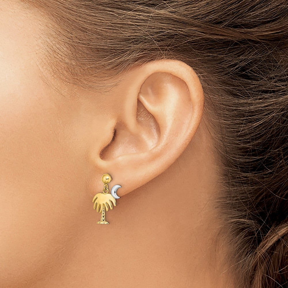 14K Gelb & Rhodium mit Charleston Palme Baum Mond Ohrhänger