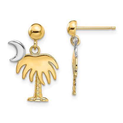 14K Gelb & Rhodium mit Charleston Palme Baum Mond Ohrhänger