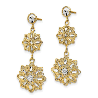 14K Gelb & Rhodium mit Rhodium Diamantiert Filigran Blumen Stecker Ohrhänger