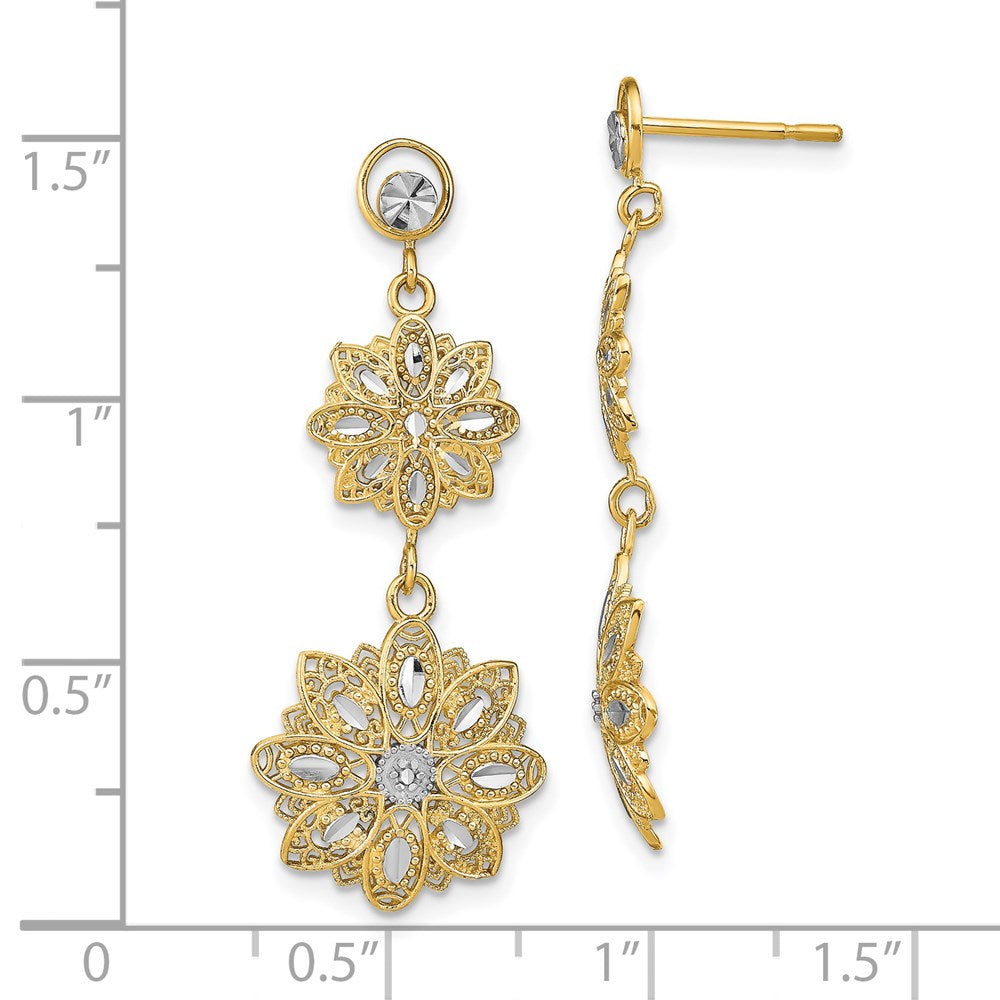 14K Gelb & Rhodium mit Rhodium Diamantiert Filigran Blumen Stecker Ohrhänger