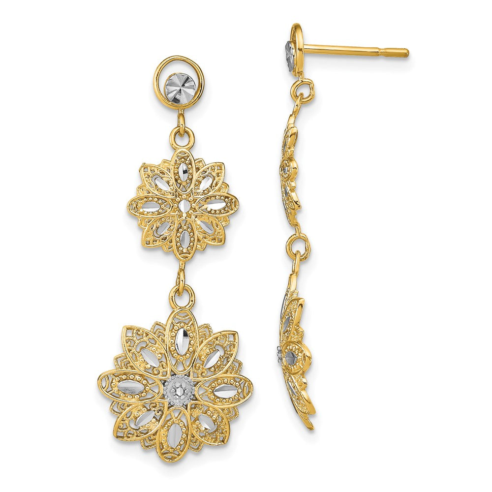 14K Gelb & Rhodium mit Rhodium Diamantiert Filigran Blumen Stecker Ohrhänger