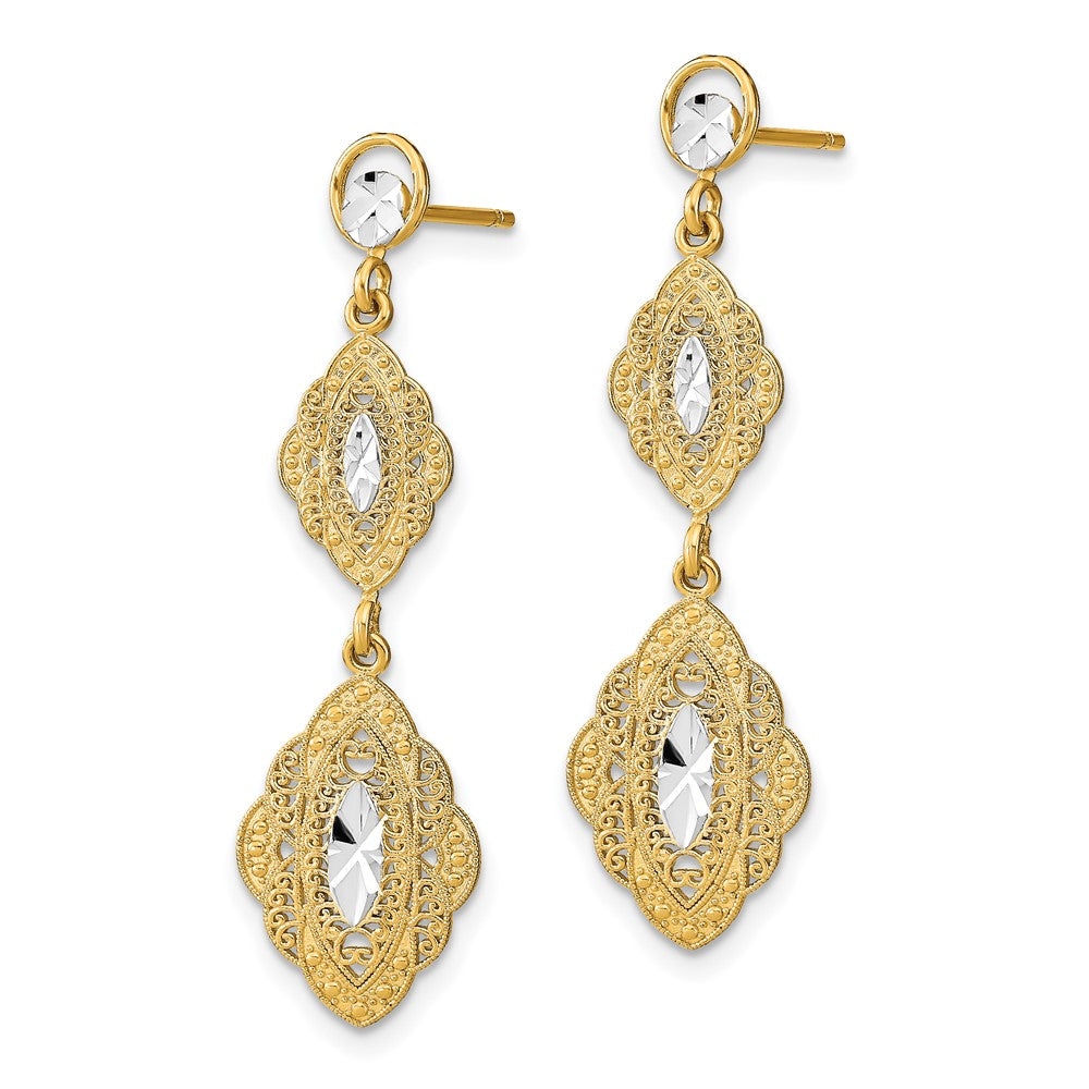14K Gelb & Rhodium mit Rhodium Oval Filigran Diamantiert Stecker Ohrhänger