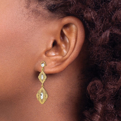 14K Gelb & Rhodium mit Rhodium Oval Filigran Diamantiert Stecker Ohrhänger
