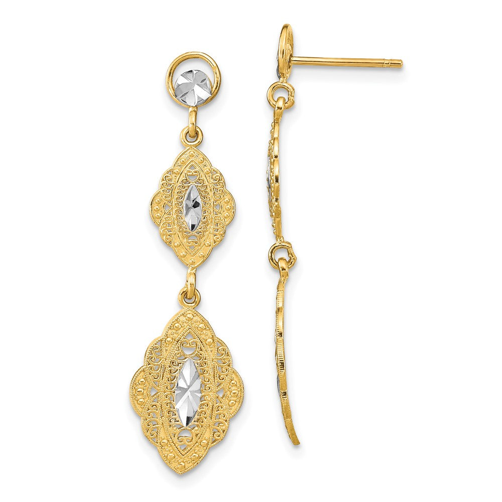 14K Gelb & Rhodium mit Rhodium Oval Filigran Diamantiert Stecker Ohrhänger
