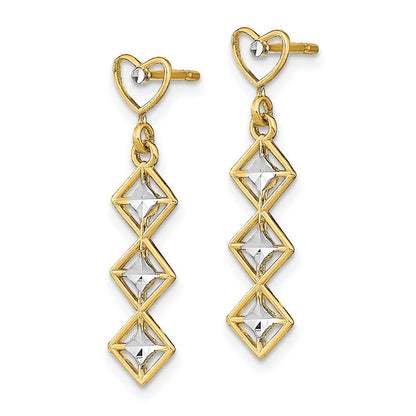 14K Gelb & Rhodium mit Rhodiniert Diamantiert Herz und Diamant Form Stecker Ohrhänger