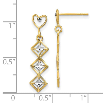 14K Gelb & Rhodium mit Rhodiniert Diamantiert Herz und Diamant Form Stecker Ohrhänger