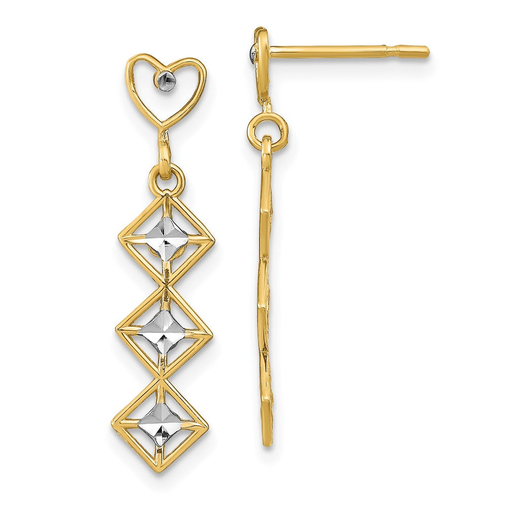 14K Gelb & Rhodium mit Rhodiniert Diamantiert Herz und Diamant Form Stecker Ohrhänger