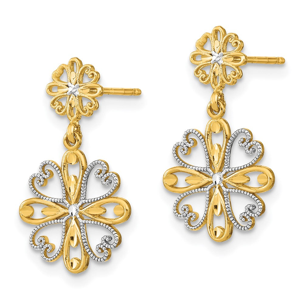 14K Gelb & Rhodium mit Rhodium Gekugelt Herz Petal Blumen Ohrhänger