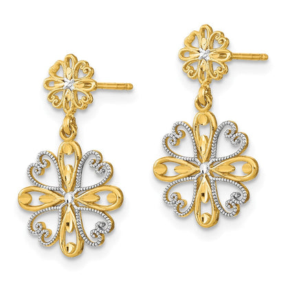 14K Gelb & Rhodium mit Rhodium Gekugelt Herz Petal Blumen Ohrhänger