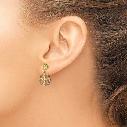 14K Gelb & Rhodium mit Rhodium Gekugelt Herz Petal Blumen Ohrhänger