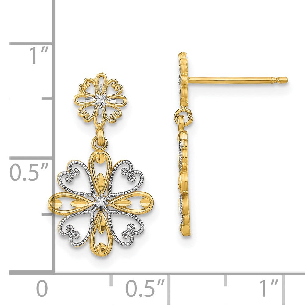 14K Gelb & Rhodium mit Rhodium Gekugelt Herz Petal Blumen Ohrhänger