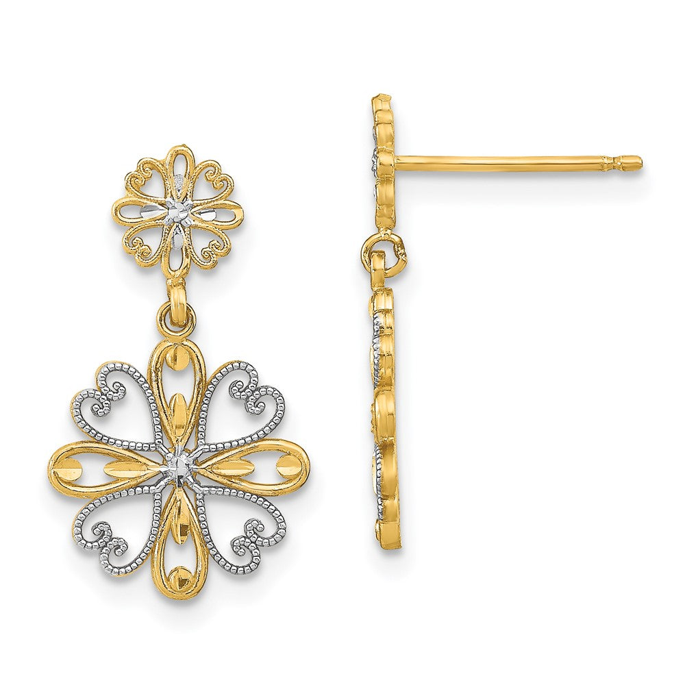 14K Gelb & Rhodium mit Rhodium Gekugelt Herz Petal Blumen Ohrhänger
