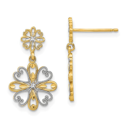 14K Gelb & Rhodium mit Rhodium Gekugelt Herz Petal Blumen Ohrhänger