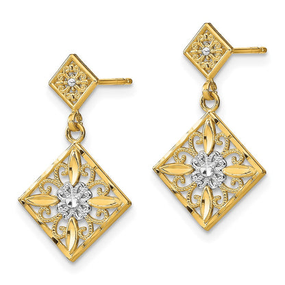 14K Gelb & Rhodium mit Rhodium Diamantiert Quadratisch Filigran Ohrhänger