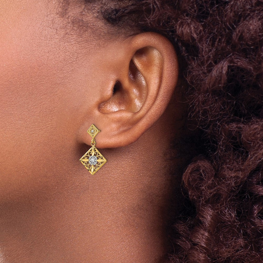 14K Gelb & Rhodium mit Rhodium Diamantiert Quadratisch Filigran Ohrhänger