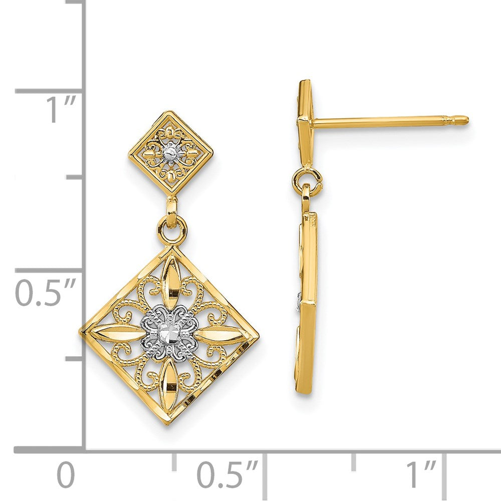 14K Gelb & Rhodium mit Rhodium Diamantiert Quadratisch Filigran Ohrhänger