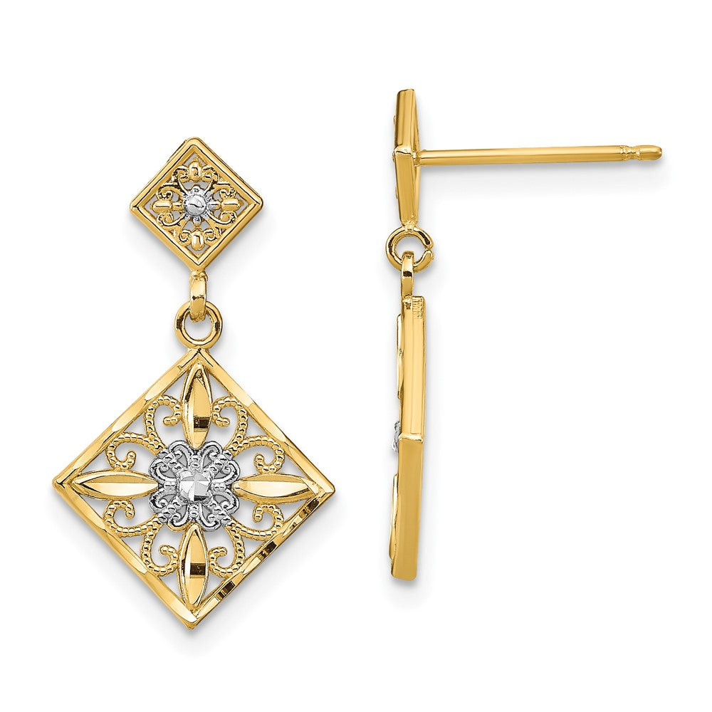 14K Gelb & Rhodium mit Rhodium Diamantiert Quadratisch Filigran Ohrhänger