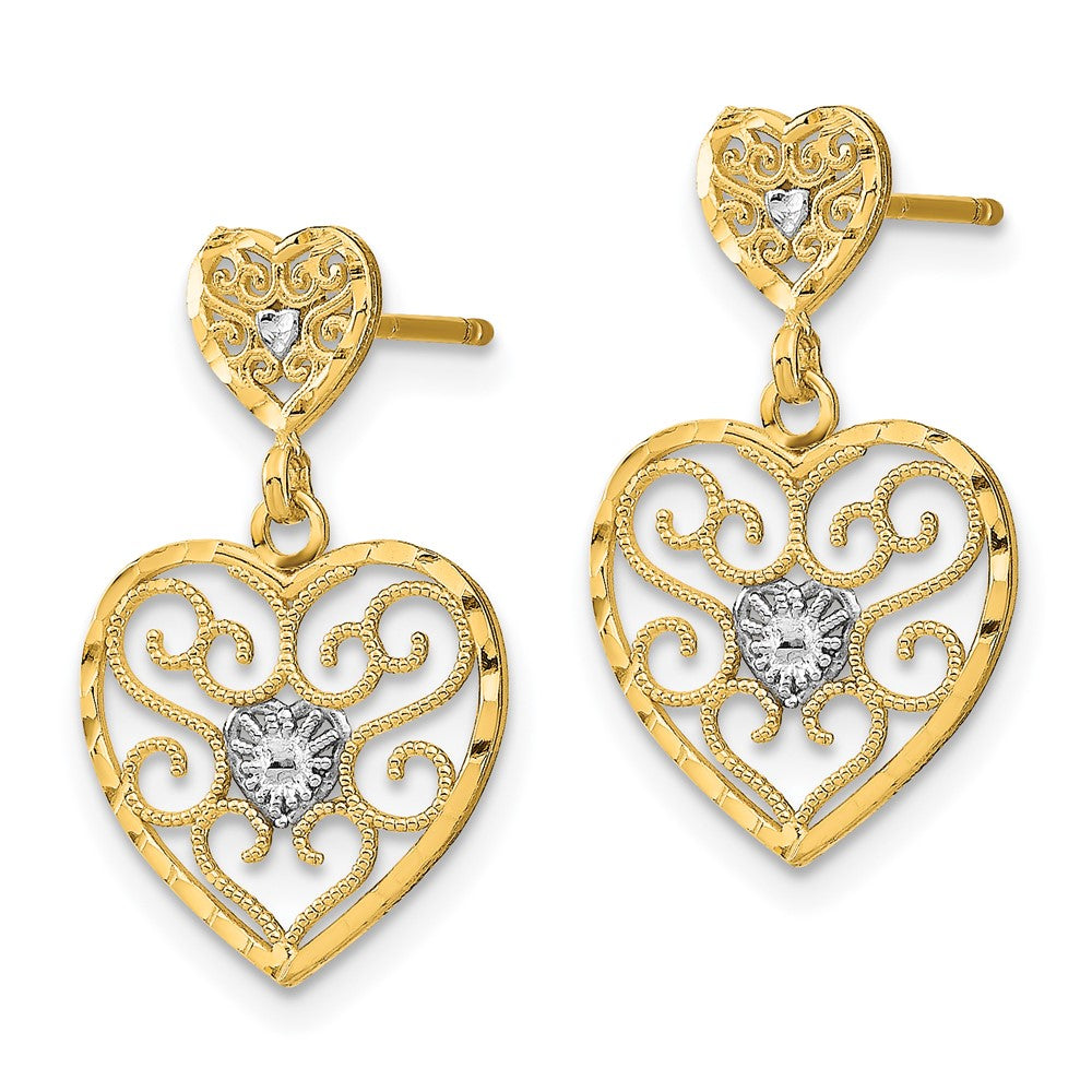 14K Gelb & Rhodium mit Rhodiniert Herz Gekugelt Filigran Ohrhänger