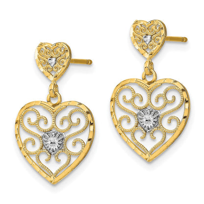 14K Gelb & Rhodium mit Rhodiniert Herz Gekugelt Filigran Ohrhänger