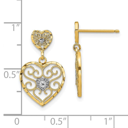 14K Gelb & Rhodium mit Rhodiniert Herz Gekugelt Filigran Ohrhänger
