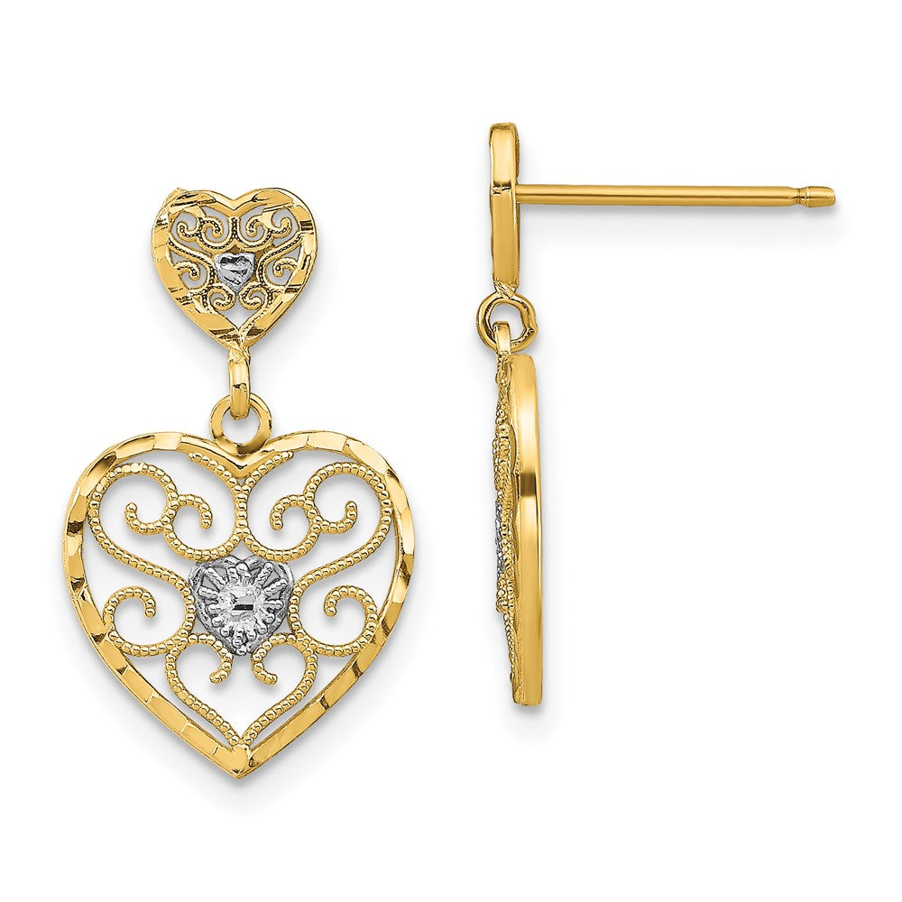 14K Gelb & Rhodium mit Rhodiniert Herz Gekugelt Filigran Ohrhänger