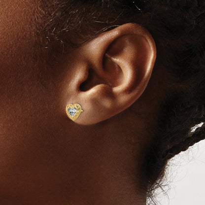 14K Gelb & Rhodium mit Rhodium Diamantiert Mittig Herz Ohrstecker