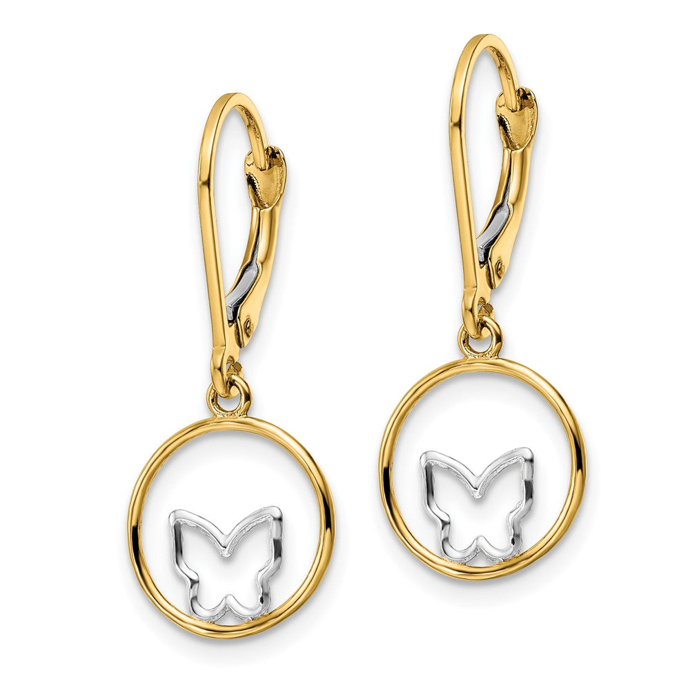 14K Gelb & Rhodium mit Rhodium Schmetterling in Kreis Brisur Ohrhänger