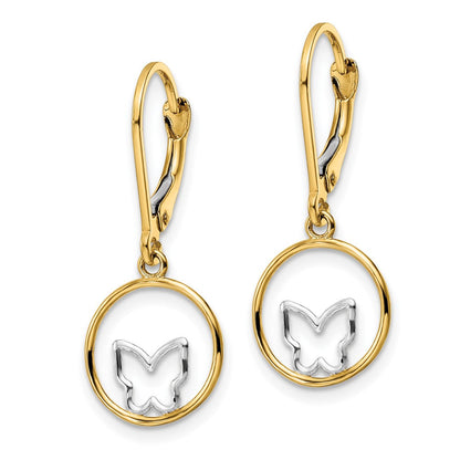 14K Gelb & Rhodium mit Rhodium Schmetterling in Kreis Brisur Ohrhänger